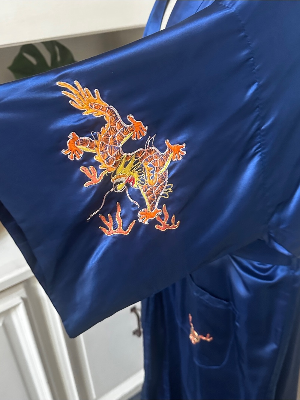 Embroidered Royal Blue Silk Robe - Picture 4 of 15